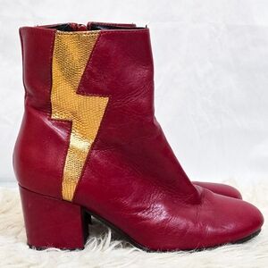 Esska Lightning Bolt Boots Red Gold Leather Block Heel Ankle Booties David Bowie